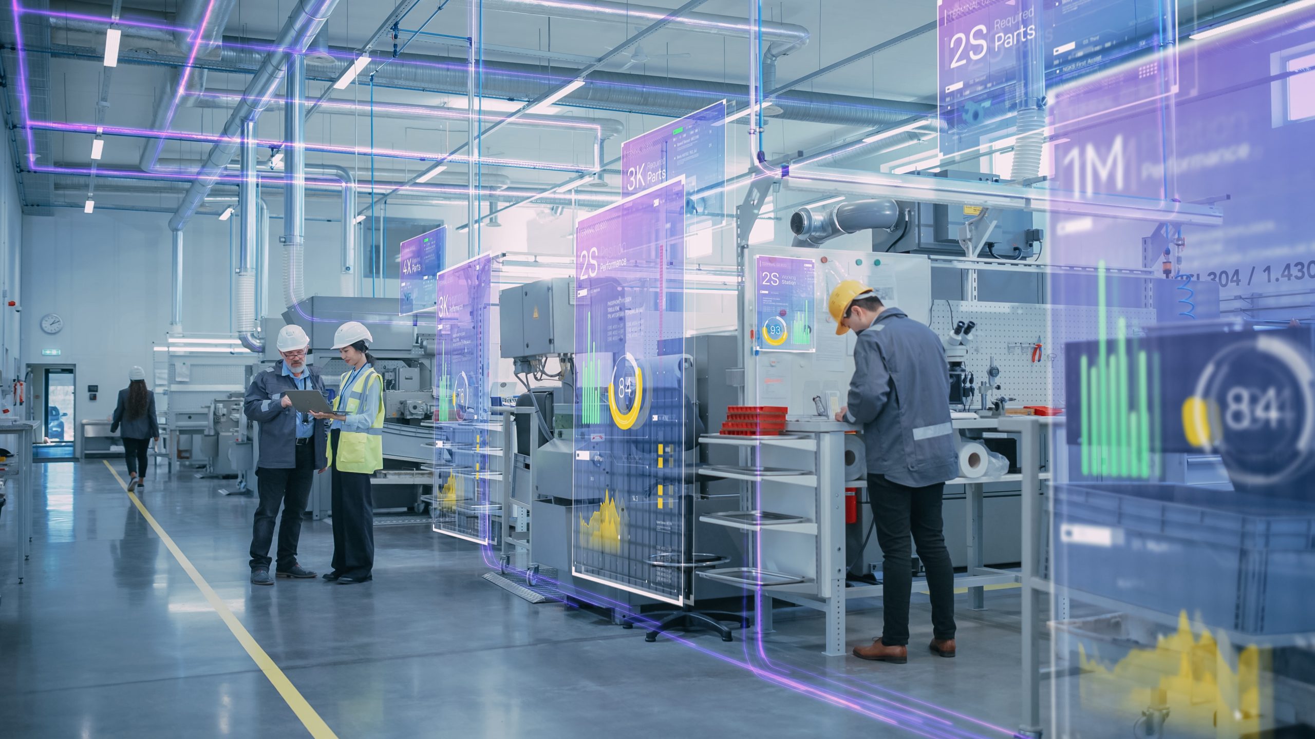 Factory Digitalization: Two Industrial Engineers Use Tablet Computer, Big Data Statistics Visualization, Optimization of High-Tech Electronics Facility. Industry 4.0 Machinery Manufacturing Products Factory Digitalization: Two Industrial Engineers Use Tablet Computer, Big Data Statistics Visualization, Optimization of High-Tech Electronics Facility. Industry 4.0 Machinery Manufacturing Products