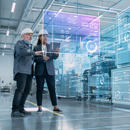 Factory Digitalization: Two Industrial Engineers Use Tablet Computer, AI Big Data Analysis. Visualization of High-Tech Facility into 3D Rendered Neural Network. Industry 4.0 Machinery Manufacturing